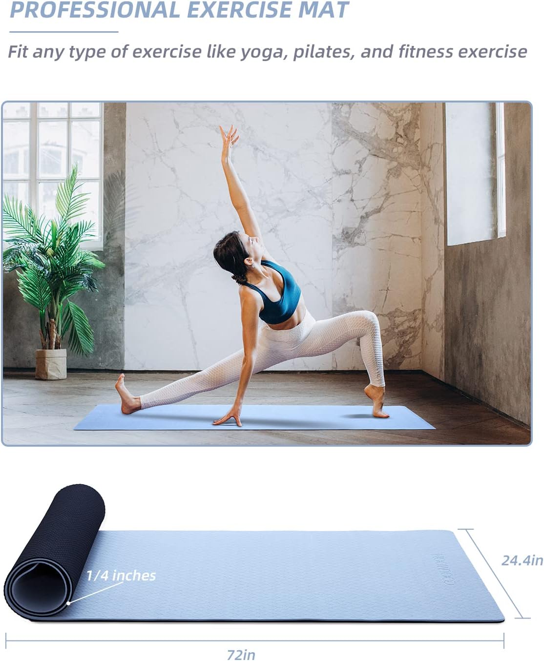 Yoga Mat Non Slip, Anti-Tear 1/4 Thick TPE Yoga Mats for Women and Men, 72"x24" Exercise & Fitness Mat with Carrying Strap, Workout Mats for Yoga, Pilates and Floor Exercise