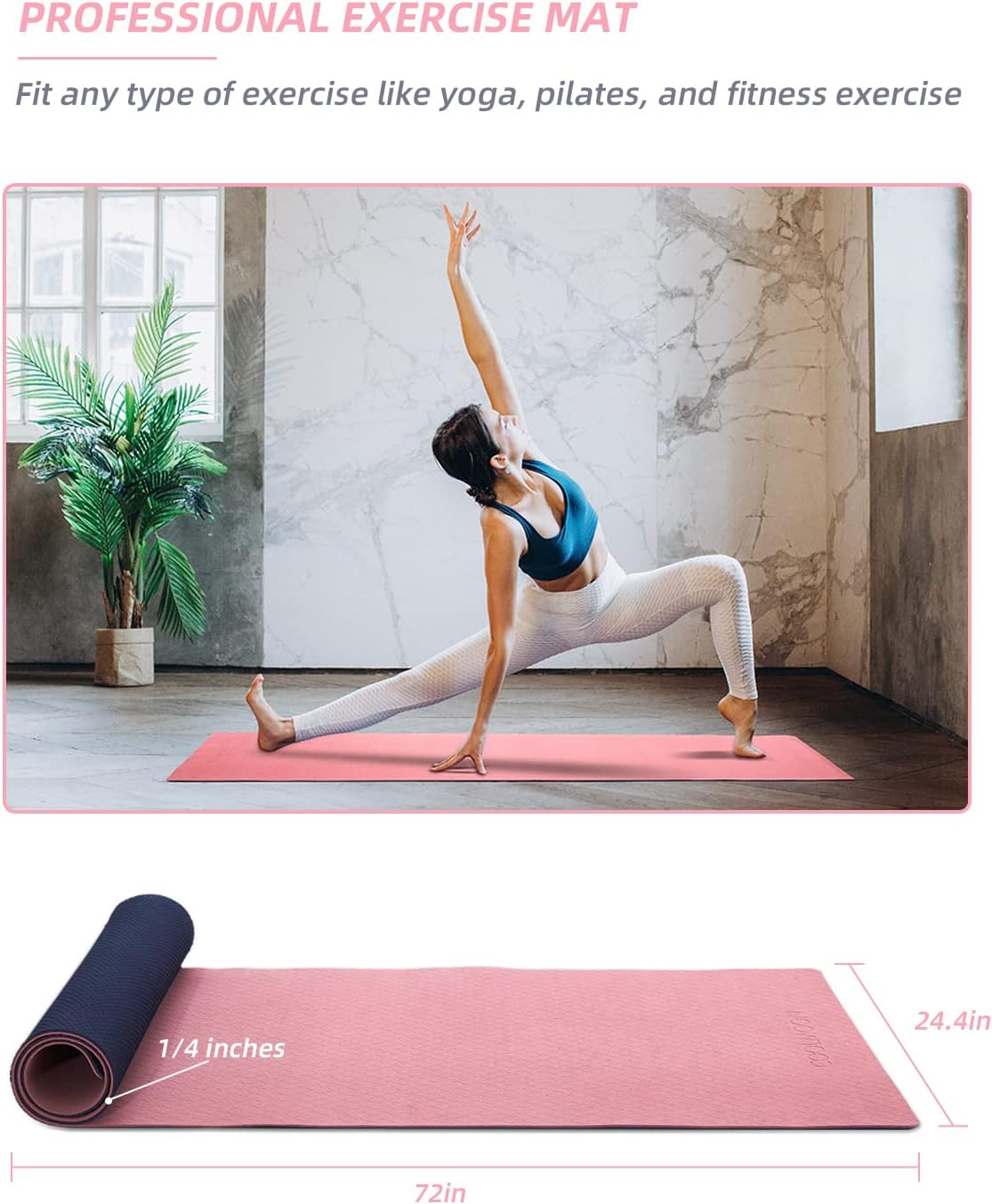 Yoga Mat Non Slip, Anti-Tear 1/4 Thick TPE Yoga Mats for Women and Men, 72"x24" Exercise & Fitness Mat with Carrying Strap, Workout Mats for Yoga, Pilates and Floor Exercise