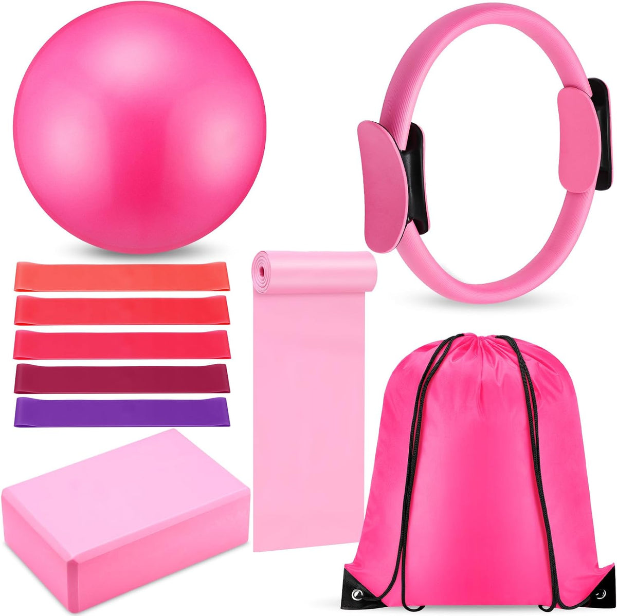 10 Pcs Pilates Ring Blocks Set for Women Home Yoga Equipment Accessories Pilates Ring Circle and Ball Workouts Gift Include Ball Yoga Circle Resistance Bands Block Straps Gym Bag