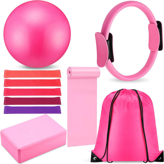 10 Pcs Pilates Ring Blocks Set for Women Home Yoga Equipment Accessories Pilates Ring Circle and Ball Workouts Gift Include Ball Yoga Circle Resistance Bands Block Straps Gym Bag