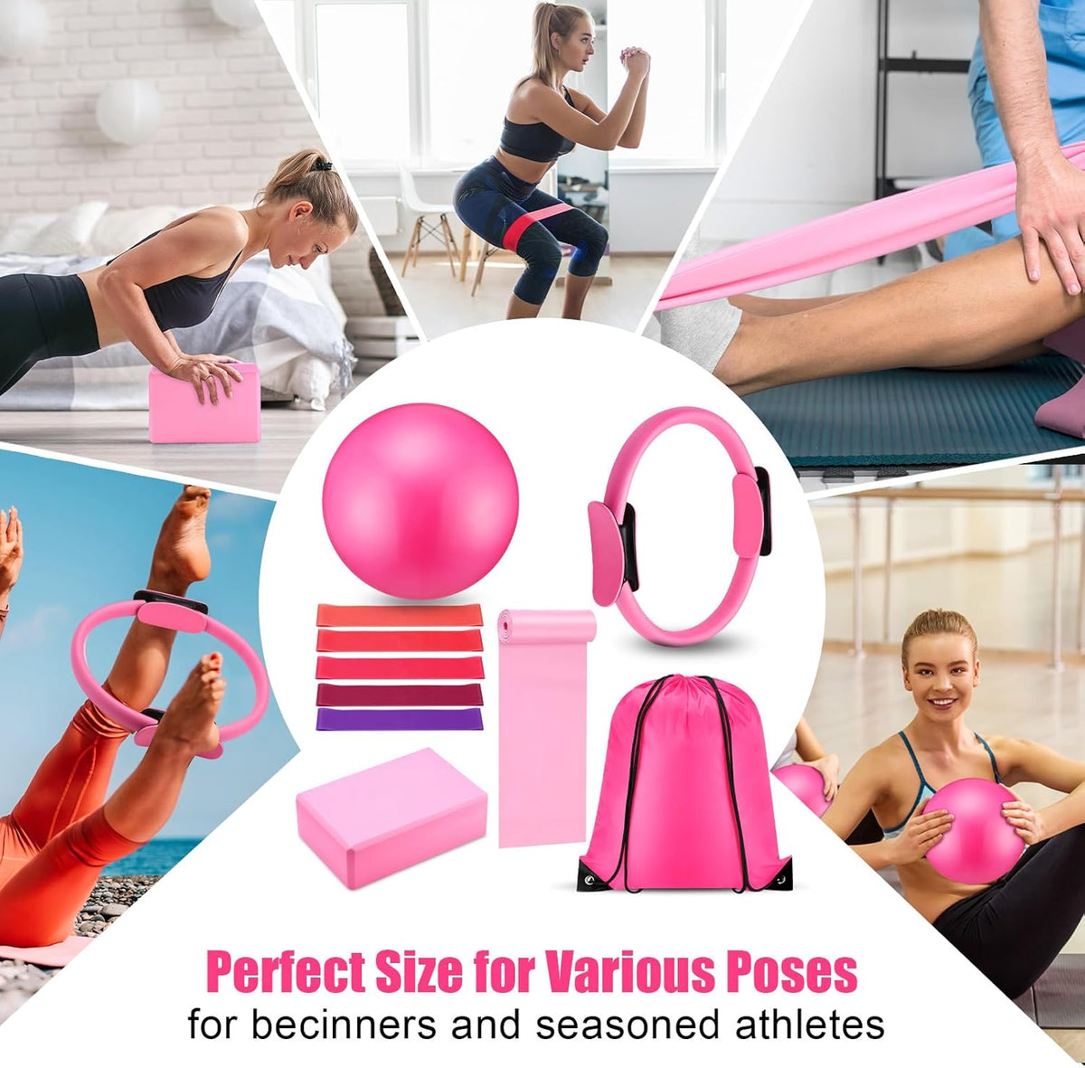 10 Pcs Pilates Ring Blocks Set for Women Home Yoga Equipment Accessories Pilates Ring Circle and Ball Workouts Gift Include Ball Yoga Circle Resistance Bands Block Straps Gym Bag