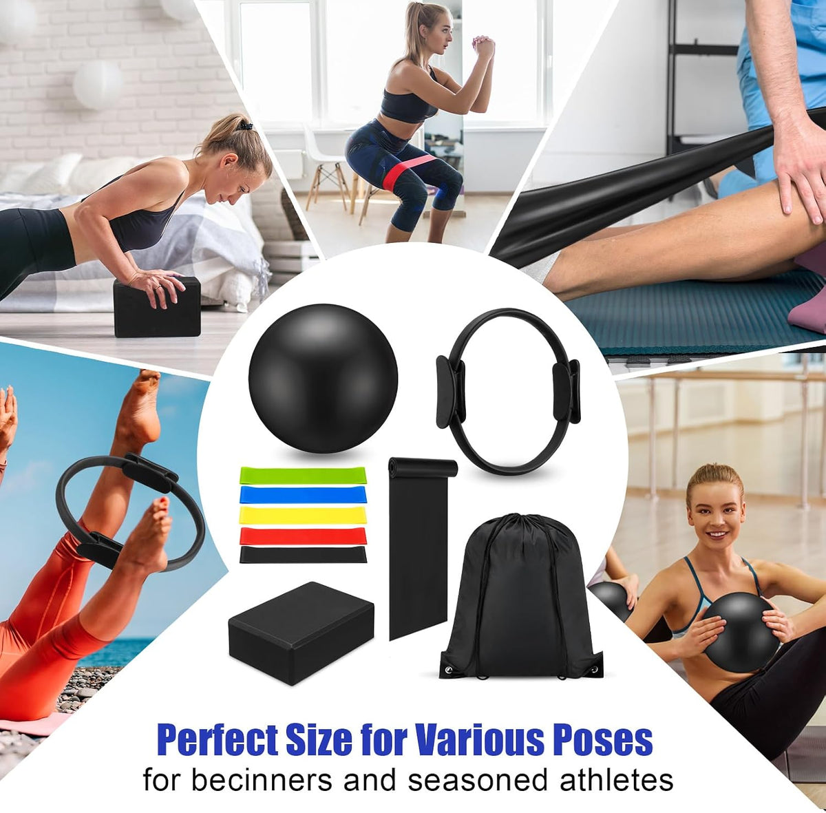 10 Pcs Pilates Ring Blocks Set for Women Home Yoga Equipment Accessories Pilates Ring Circle and Ball Workouts Gift Include Ball Yoga Circle Resistance Bands Block Straps Gym Bag