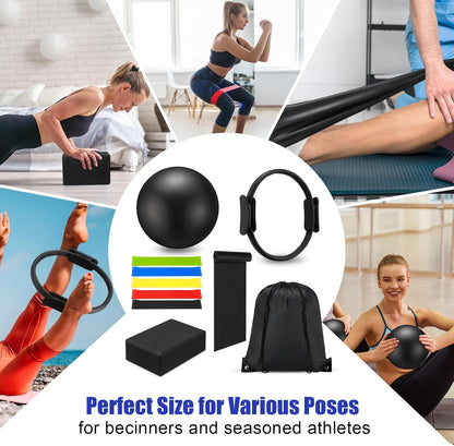 10 Pcs Pilates Ring Blocks Set for Women Home Yoga Equipment Accessories Pilates Ring Circle and Ball Workouts Gift Include Ball Yoga Circle Resistance Bands Block Straps Gym Bag