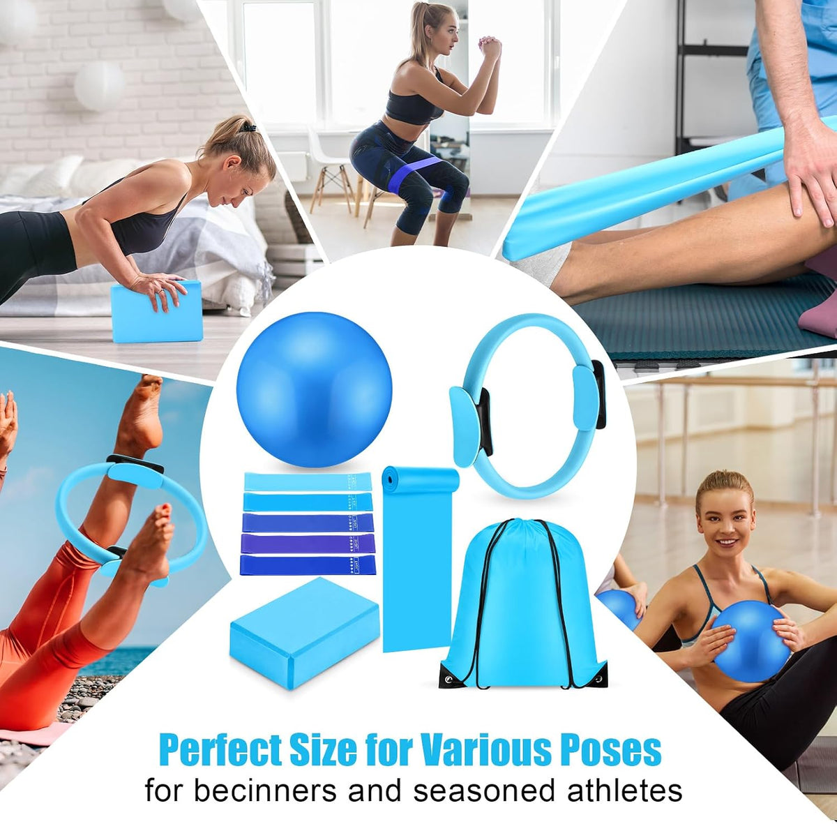 10 Pcs Pilates Ring Blocks Set for Women Home Yoga Equipment Accessories Pilates Ring Circle and Ball Workouts Gift Include Ball Yoga Circle Resistance Bands Block Straps Gym Bag