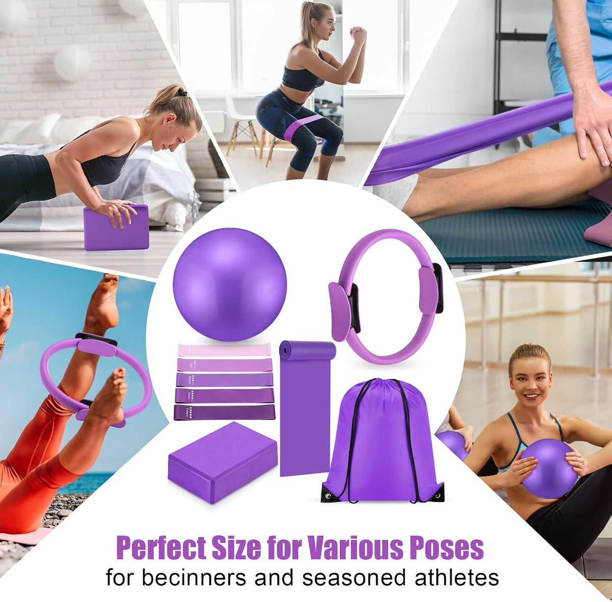 10 Pcs Pilates Ring Blocks Set for Women Home Yoga Equipment Accessories Pilates Ring Circle and Ball Workouts Gift Include Ball Yoga Circle Resistance Bands Block Straps Gym Bag