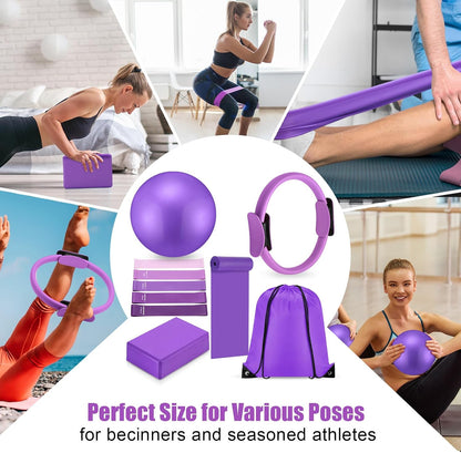 10 Pcs Pilates Ring Blocks Set for Women Home Yoga Equipment Accessories Pilates Ring Circle and Ball Workouts Gift Include Ball Yoga Circle Resistance Bands Block Straps Gym Bag