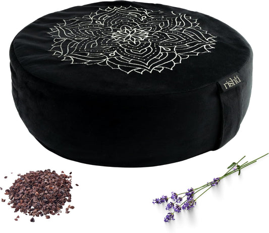 Black Velvet Embroidered Meditation Cushion - Buckwheat Filled with Lavender and Removable Foam Pad - Ideal for Yoga, Stress Relief, Mindfulness, and Holistic Living