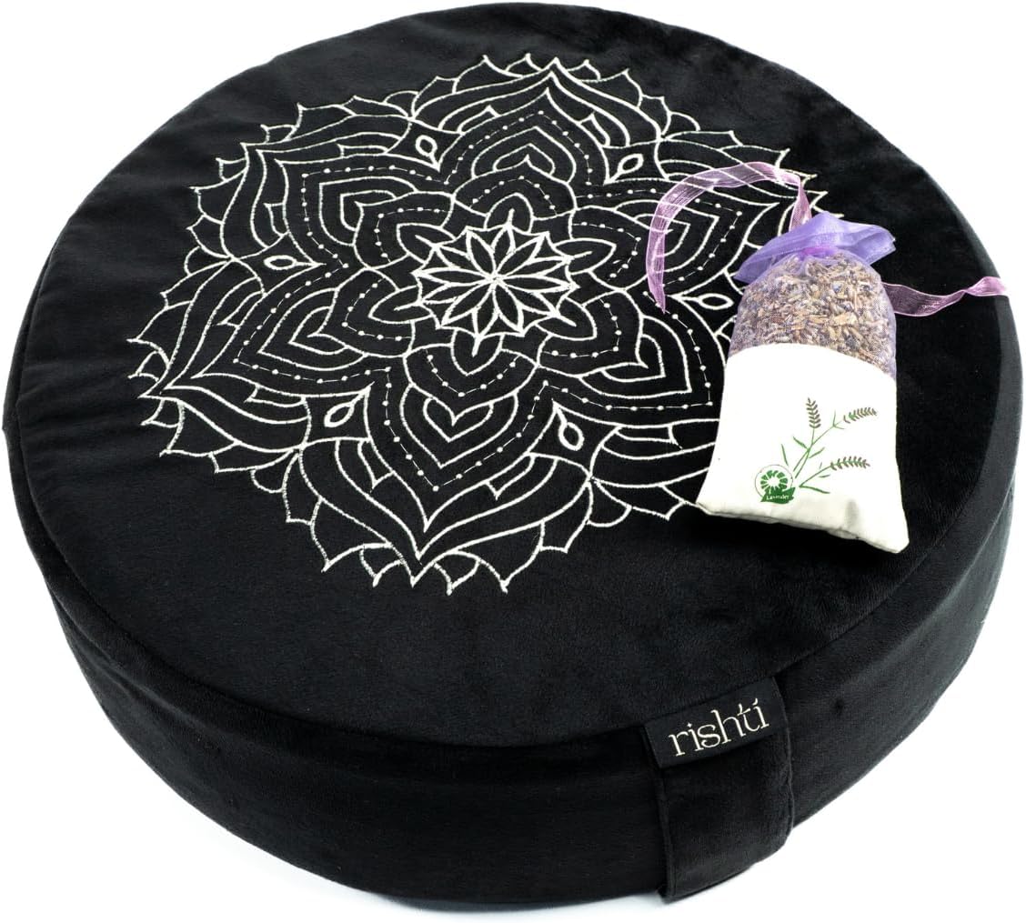 Black Velvet Embroidered Meditation Cushion - Buckwheat Filled with Lavender and Removable Foam Pad - Ideal for Yoga, Stress Relief, Mindfulness, and Holistic Living