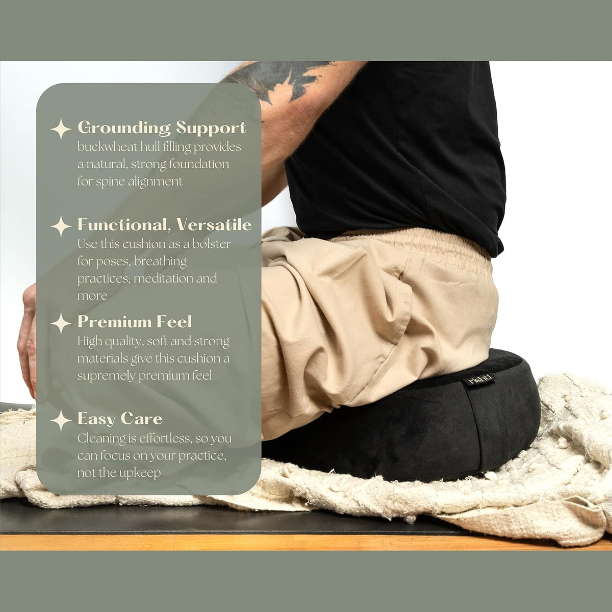 Black Velvet Embroidered Meditation Cushion - Buckwheat Filled with Lavender and Removable Foam Pad - Ideal for Yoga, Stress Relief, Mindfulness, and Holistic Living