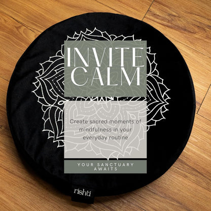 Black Velvet Embroidered Meditation Cushion - Buckwheat Filled with Lavender and Removable Foam Pad - Ideal for Yoga, Stress Relief, Mindfulness, and Holistic Living