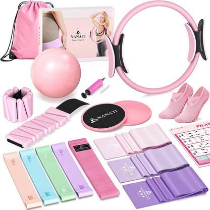 Pilates Kit, Home Pilates Workout Kit for Women, Pilates Equipment with 14.5"" Pilates Ring and Ball, Resistance Bands, Ankle Weights, Sliders & Grip Socks for Home Workouts