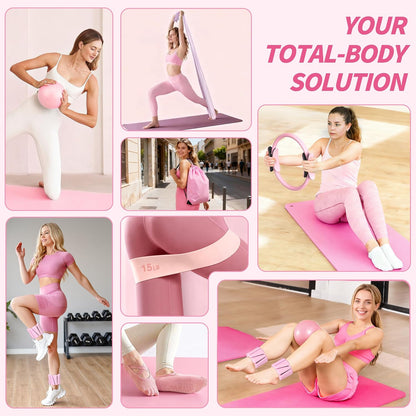 Pilates Kit, Home Pilates Workout Kit for Women, Pilates Equipment with 14.5"" Pilates Ring and Ball, Resistance Bands, Ankle Weights, Sliders & Grip Socks for Home Workouts