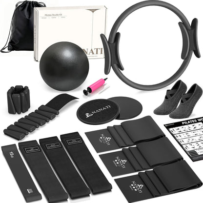 Pilates Kit, Home Pilates Workout Kit for Women, Pilates Equipment with 14.5"" Pilates Ring and Ball, Resistance Bands, Ankle Weights, Sliders & Grip Socks for Home Workouts