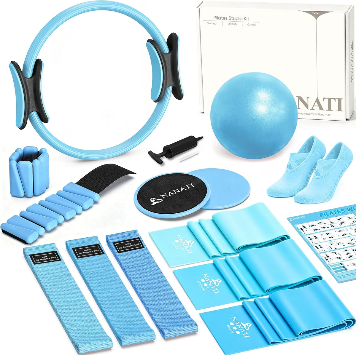 Pilates Kit, Home Pilates Workout Kit for Women, Pilates Equipment with 14.5"" Pilates Ring and Ball, Resistance Bands, Ankle Weights, Sliders & Grip Socks for Home Workouts