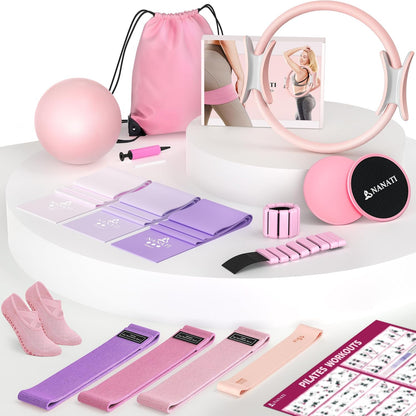 Pilates Kit, Home Pilates Workout Kit for Women, Pilates Equipment with 14.5"" Pilates Ring and Ball, Resistance Bands, Ankle Weights, Sliders & Grip Socks for Home Workouts