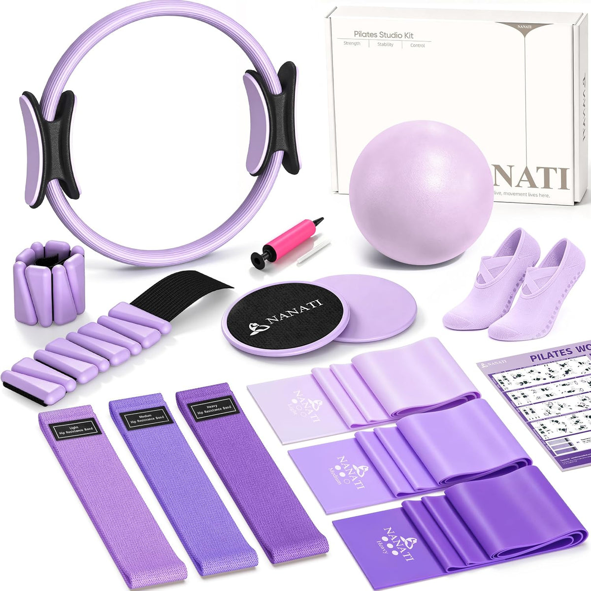 Pilates Kit, Home Pilates Workout Kit for Women, Pilates Equipment with 14.5"" Pilates Ring and Ball, Resistance Bands, Ankle Weights, Sliders & Grip Socks for Home Workouts