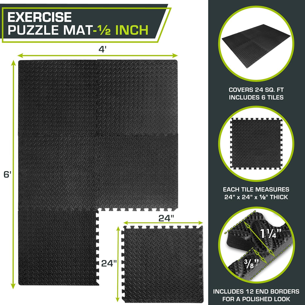 Exercise Puzzle Mat ½-inch, EVA Interlocking Foam Floor Tiles for Home Gym, Workout Equipment, Kids Play Areas, Black, 24 SQ FT - 6 Tiles