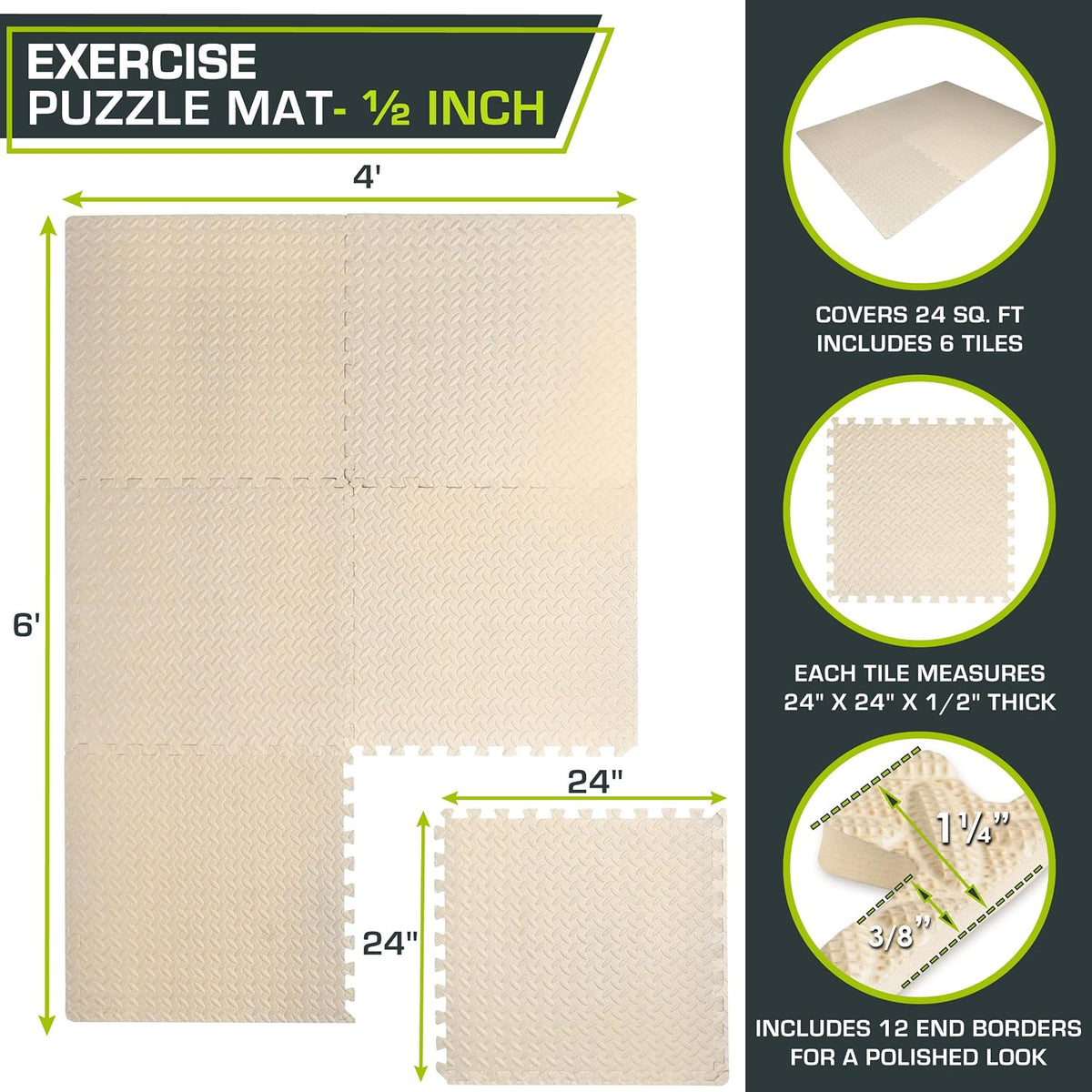 Exercise Puzzle Mat ½-inch, EVA Interlocking Foam Floor Tiles for Home Gym, Workout Equipment, Kids Play Areas, Black, 24 SQ FT - 6 Tiles