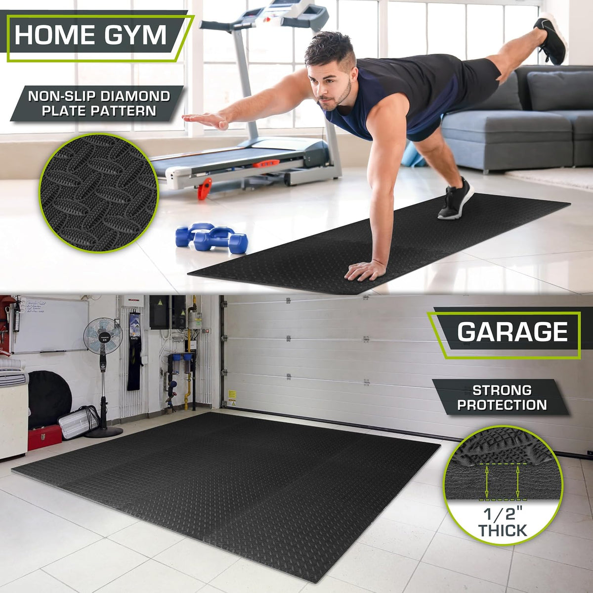 Exercise Puzzle Mat ½-inch, EVA Interlocking Foam Floor Tiles for Home Gym, Workout Equipment, Kids Play Areas, Black, 24 SQ FT - 6 Tiles