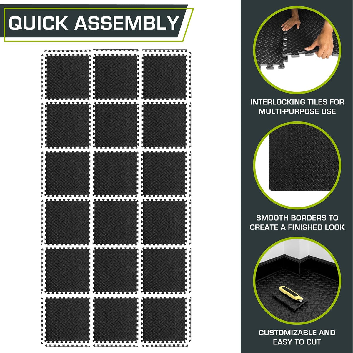 Exercise Puzzle Mat ½-inch, EVA Interlocking Foam Floor Tiles for Home Gym, Workout Equipment, Kids Play Areas, Black, 24 SQ FT - 6 Tiles