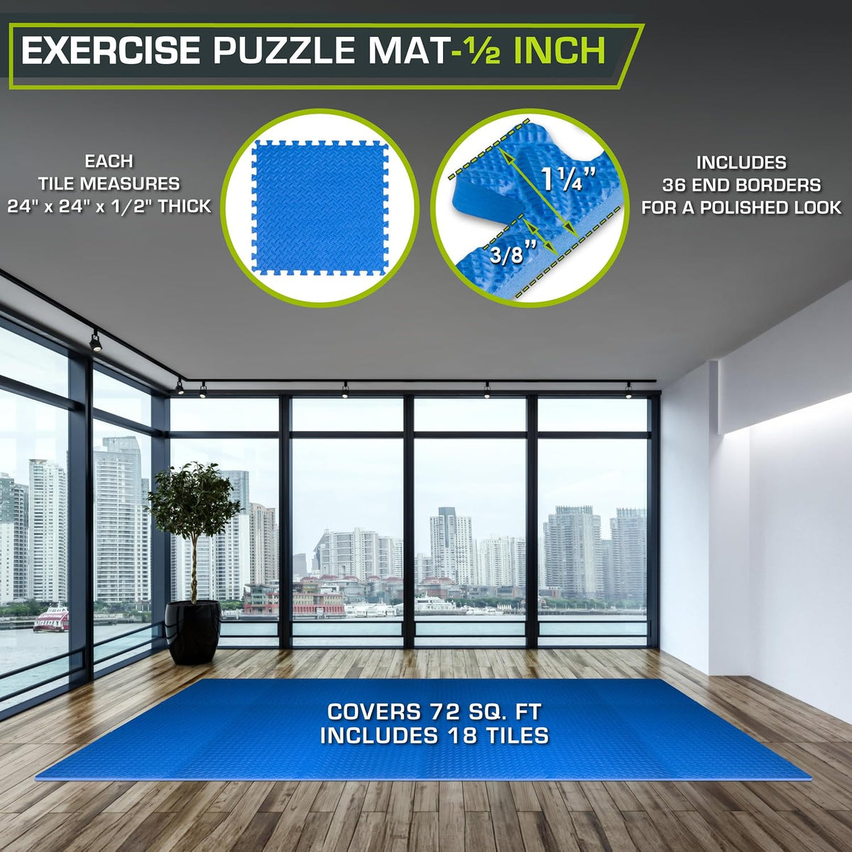 Exercise Puzzle Mat ½-inch, EVA Interlocking Foam Floor Tiles for Home Gym, Workout Equipment, Kids Play Areas, Black, 24 SQ FT - 6 Tiles