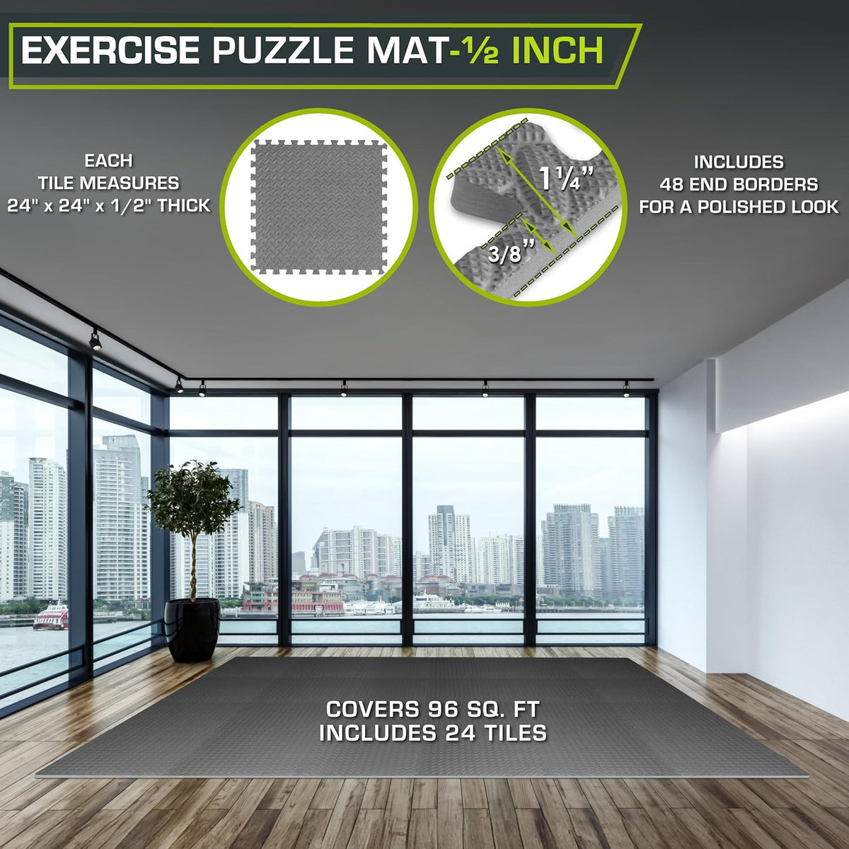 Exercise Puzzle Mat ½-inch, EVA Interlocking Foam Floor Tiles for Home Gym, Workout Equipment, Kids Play Areas, Black, 24 SQ FT - 6 Tiles