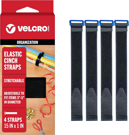 Elastic Cinch Straps with Buckle, 15in x 1in, Black, 4 Pack