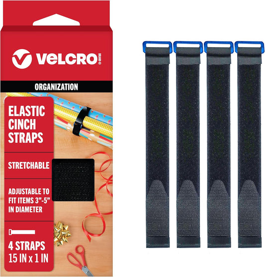 Elastic Cinch Straps with Buckle, 15in x 1in, Black, 4 Pack