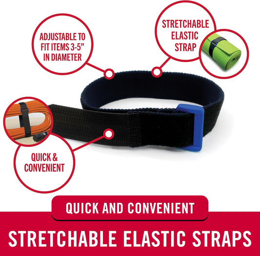 Elastic Cinch Straps with Buckle, 15in x 1in, Black, 4 Pack