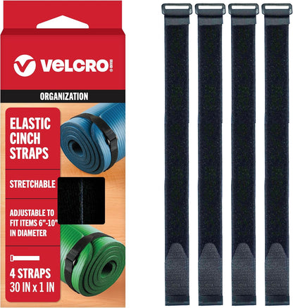Elastic Cinch Straps with Buckle, 15in x 1in, Black, 4 Pack
