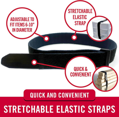 Elastic Cinch Straps with Buckle, 15in x 1in, Black, 4 Pack