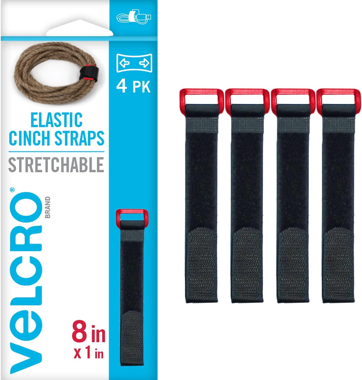 Elastic Cinch Straps with Buckle, 15in x 1in, Black, 4 Pack