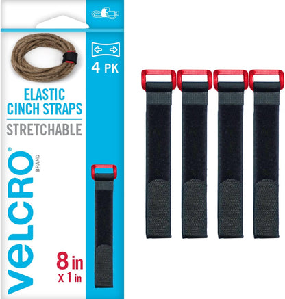 Elastic Cinch Straps with Buckle, 15in x 1in, Black, 4 Pack