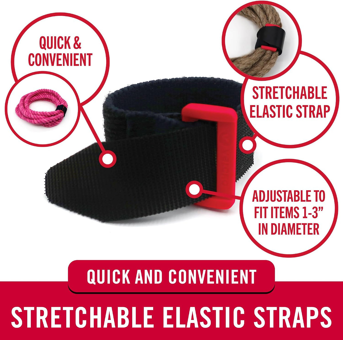 Elastic Cinch Straps with Buckle, 15in x 1in, Black, 4 Pack