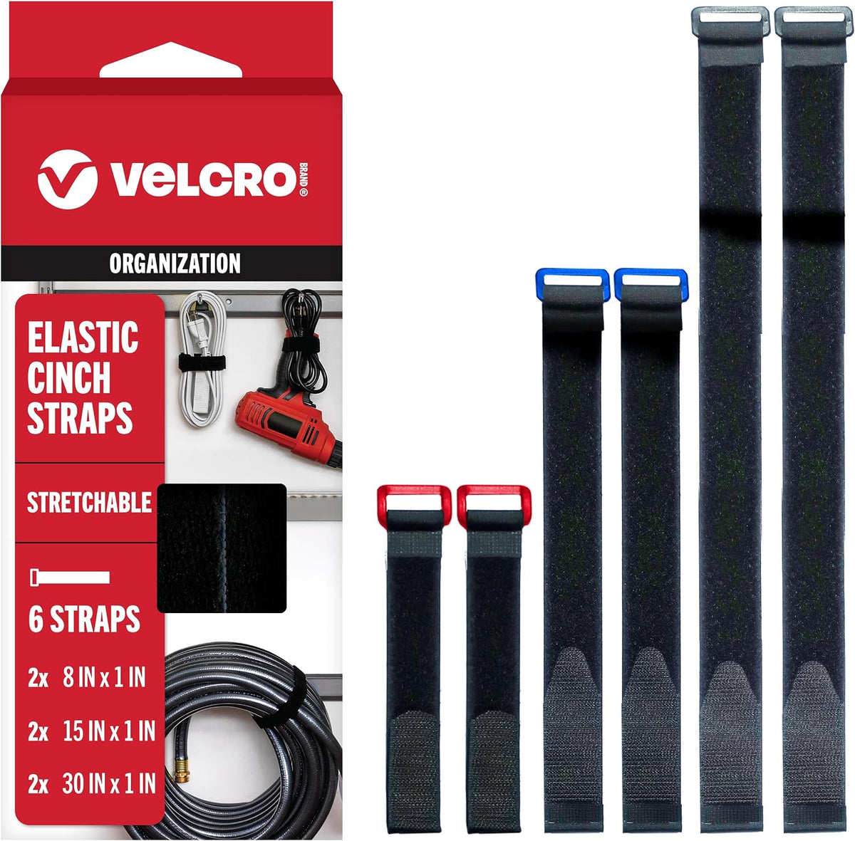 Elastic Cinch Straps with Buckle, 15in x 1in, Black, 4 Pack