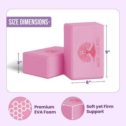 Live Well Pink Yoga Block - EVA Foam Yoga Brick for Support, Stretching, & Alignment - Yoga Accessories for Home & Studio - 3x6x9 inches