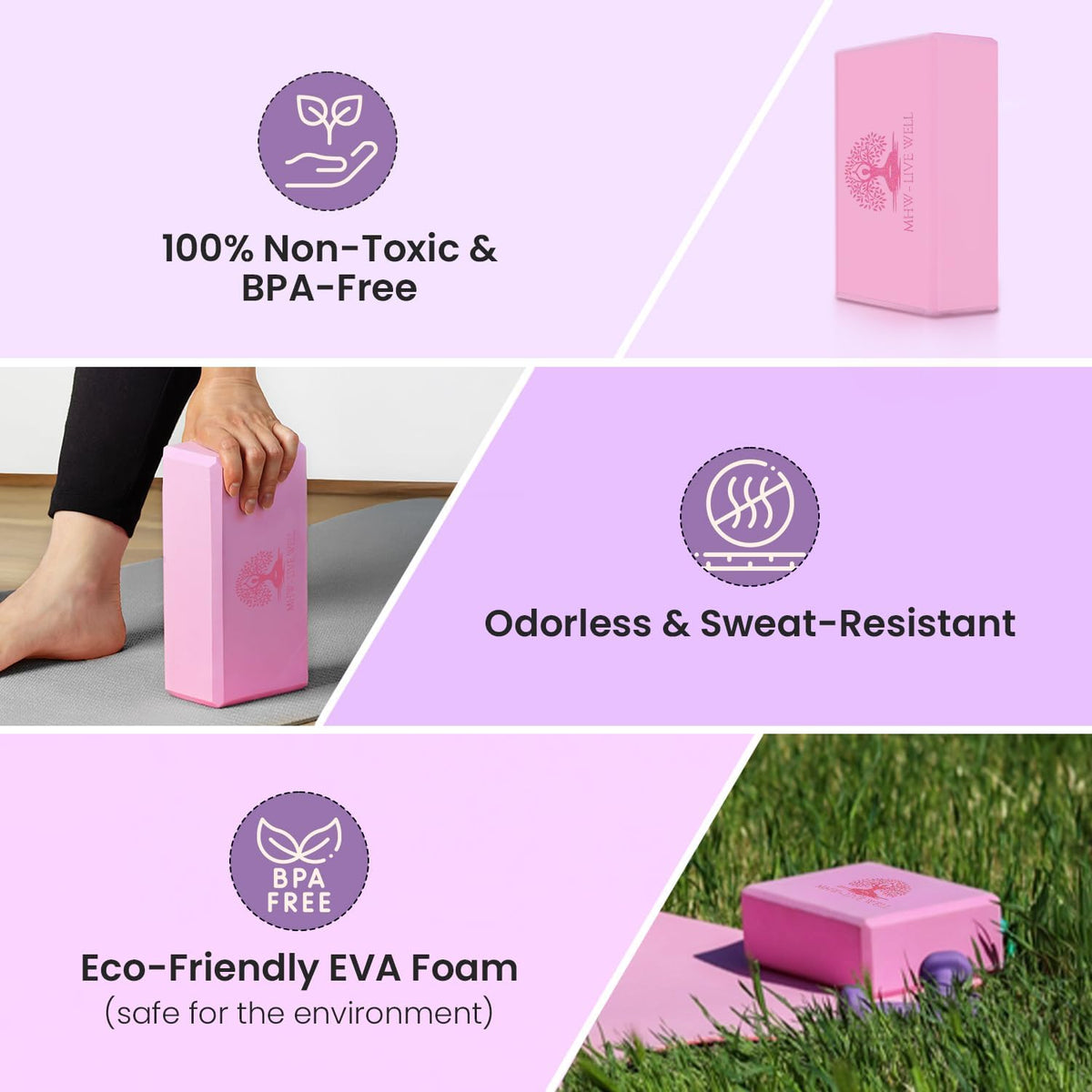 Live Well Pink Yoga Block - EVA Foam Yoga Brick for Support, Stretching, & Alignment - Yoga Accessories for Home & Studio - 3x6x9 inches