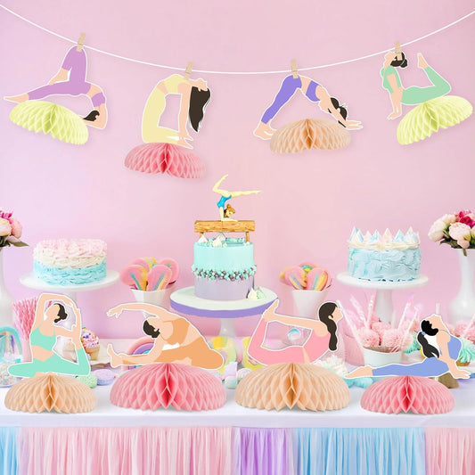 8 Pieces Yoga Honeycomb Centerpieces, Meditation Party Decorations for Adults Teens, Double Sided Yoga Theme Table Toppers for Birthday Baby Shower Sports Fitness Party Supplies