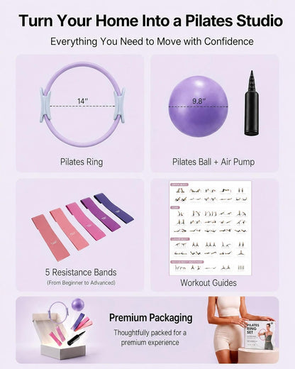 PAETA Pilates Ring Set – 14” Magic Circle (38 lbs Resistance), 9.8” Pilates Ball, 5 Resistance Bands, and Exercise Guide Included for Home Workouts