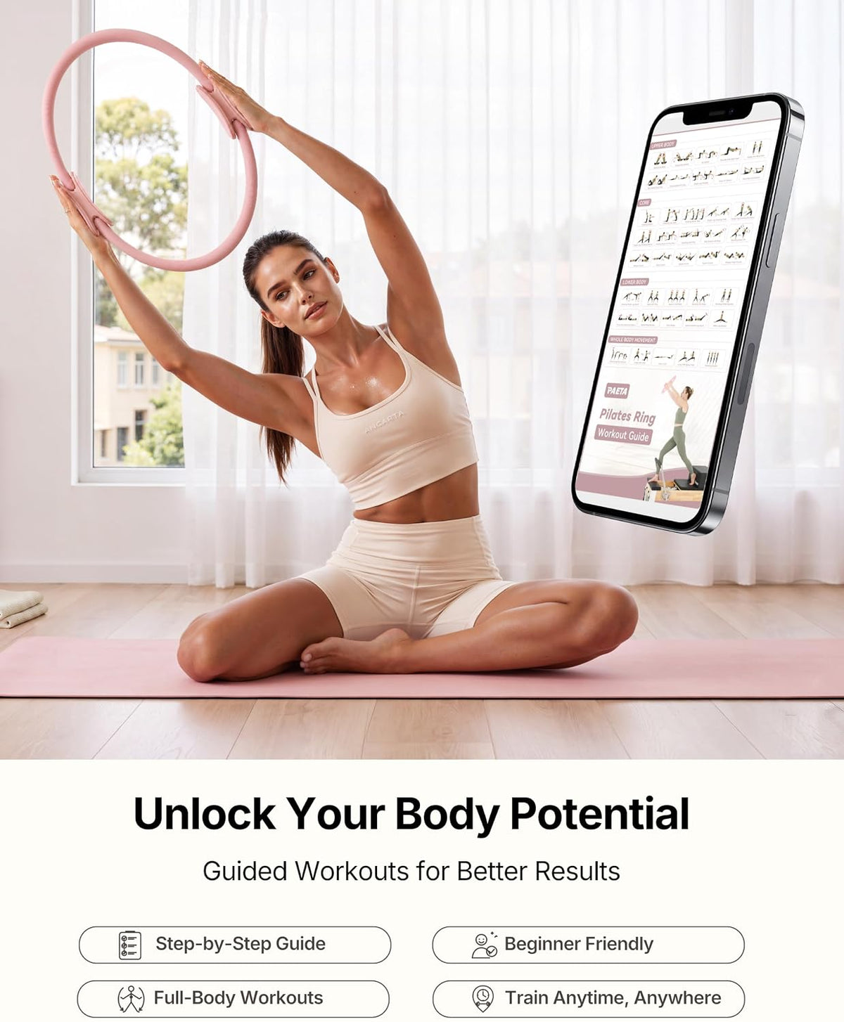 PAETA Pilates Ring Set – 14” Magic Circle (38 lbs Resistance), 9.8” Pilates Ball, 5 Resistance Bands, and Exercise Guide Included for Home Workouts