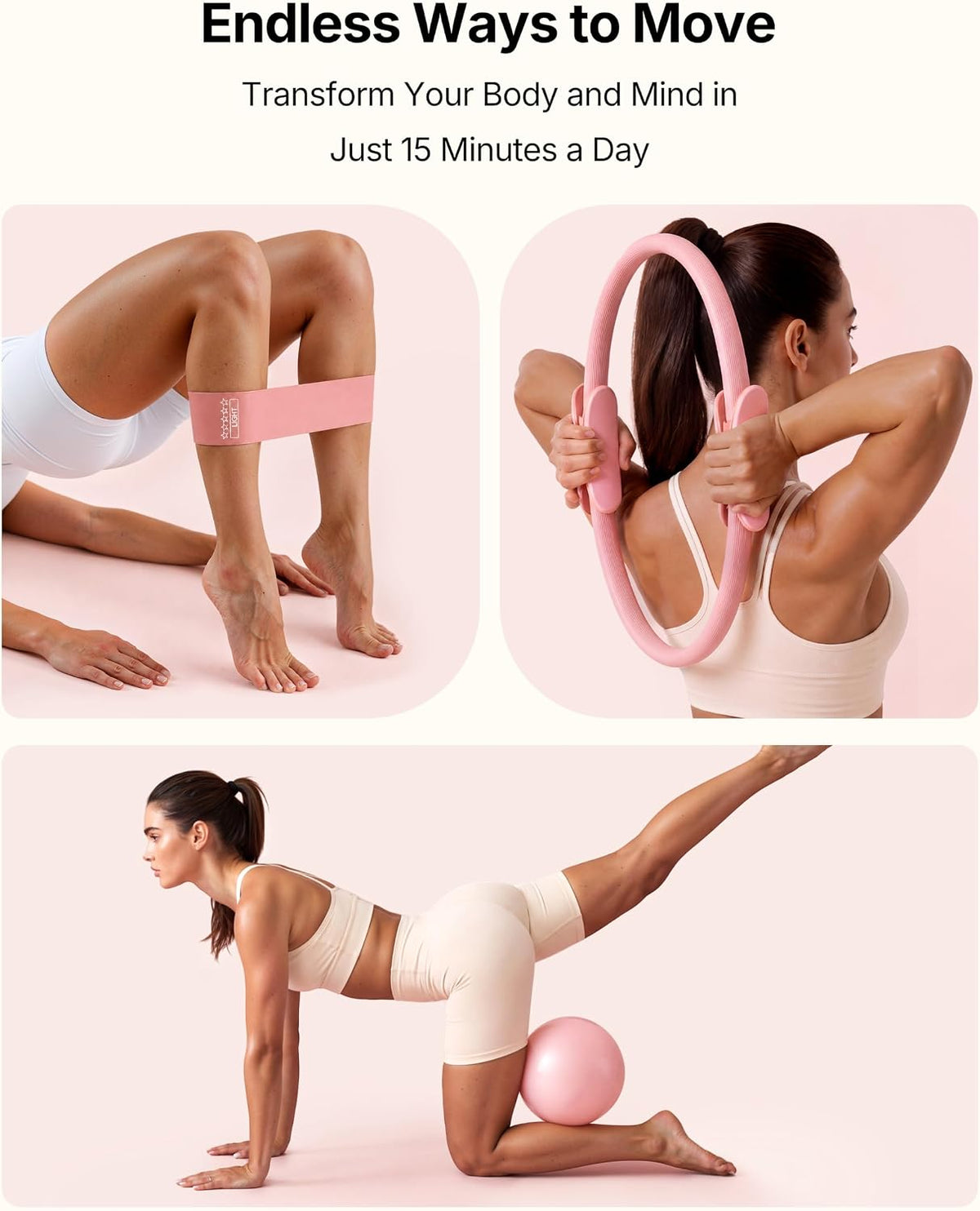 PAETA Pilates Ring Set – 14” Magic Circle (38 lbs Resistance), 9.8” Pilates Ball, 5 Resistance Bands, and Exercise Guide Included for Home Workouts