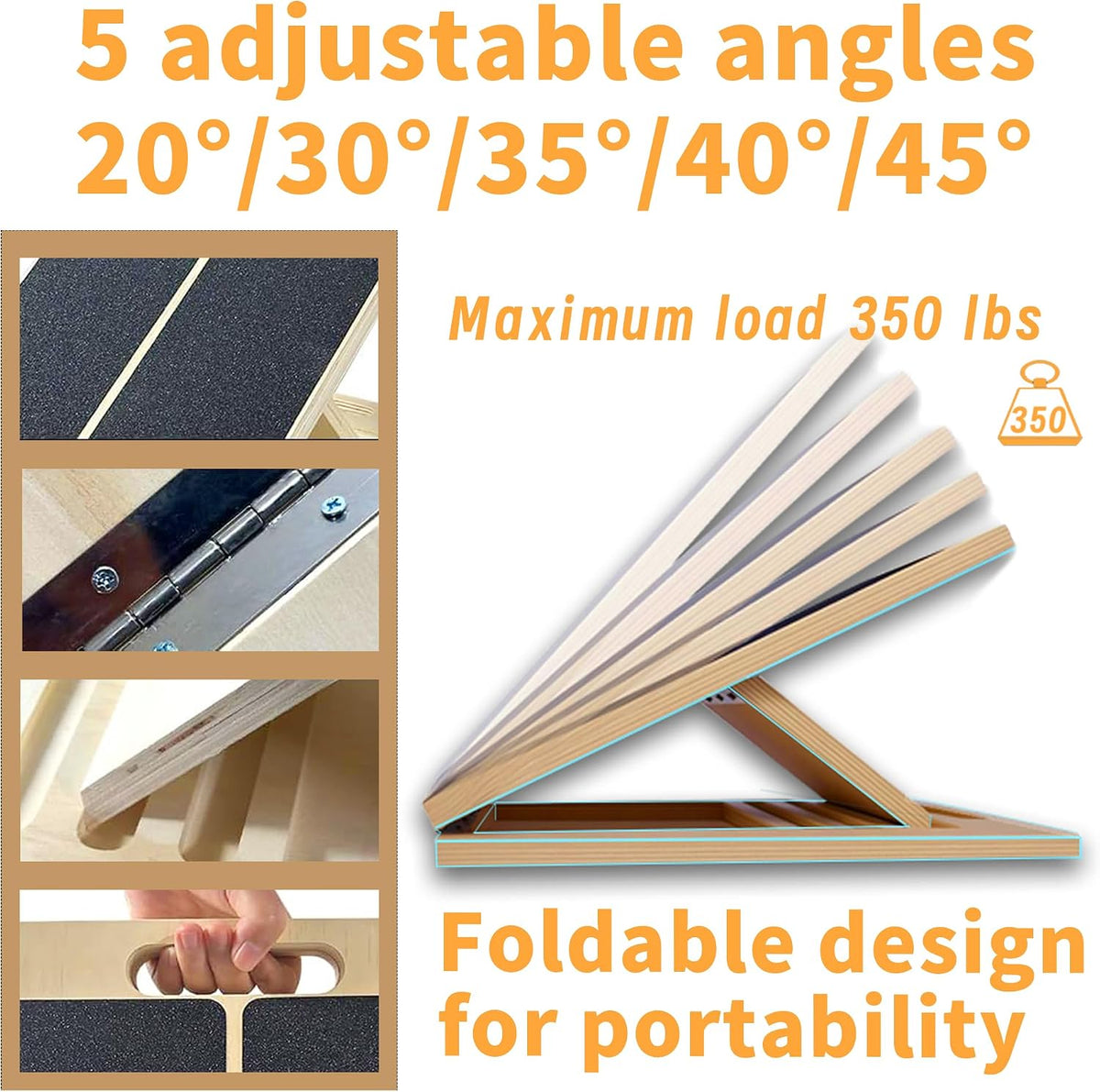 Wooden Slant Board, 5-Angle Adjustable Calf Stretcher, 16.5x12 in, 350 lb