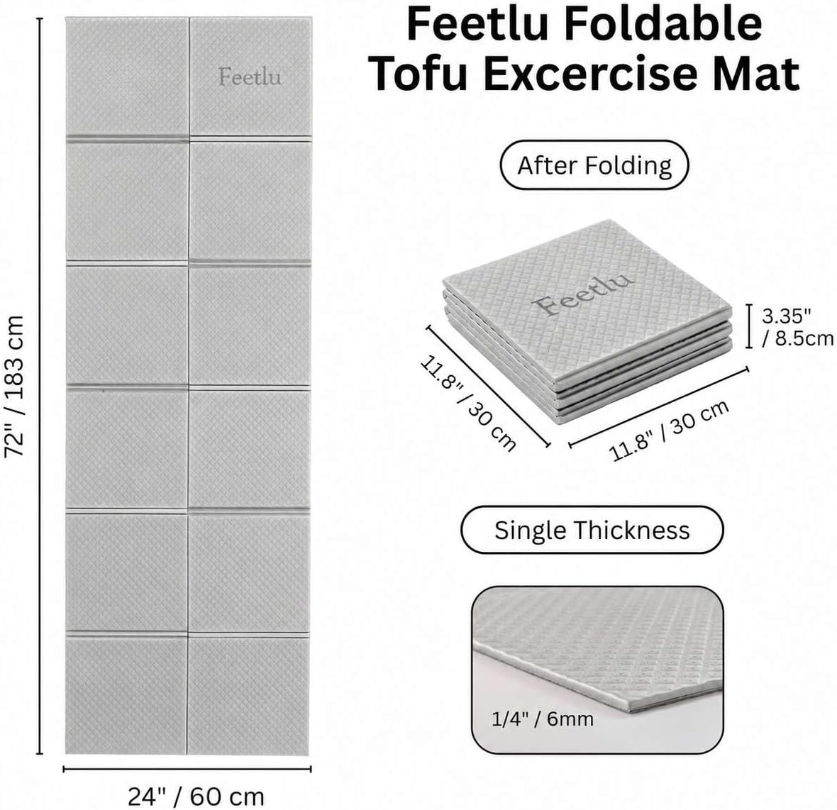 Foldable Yoga Mat, 72" x 24" x 6mm, Lightweight & Non-Slip