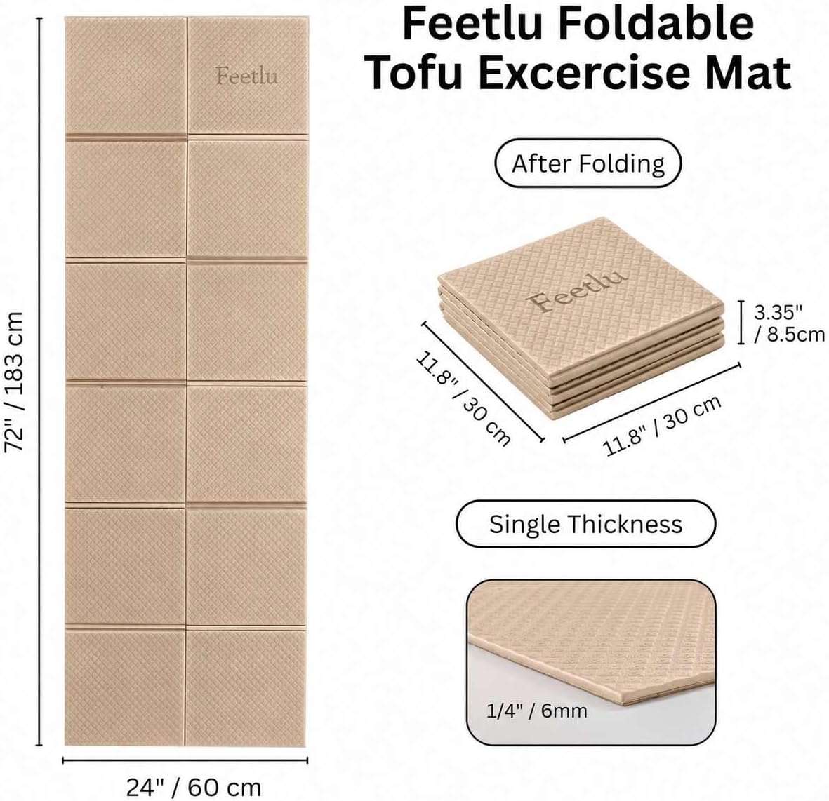 Foldable Yoga Mat, 72" x 24" x 6mm, Lightweight & Non-Slip