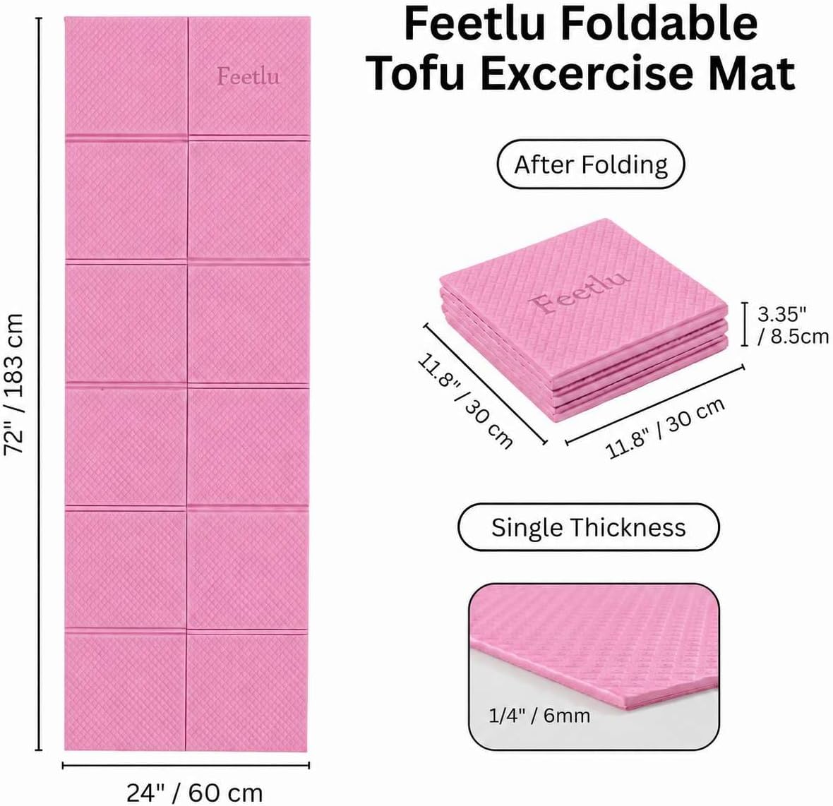 Foldable Yoga Mat, 72" x 24" x 6mm, Lightweight & Non-Slip