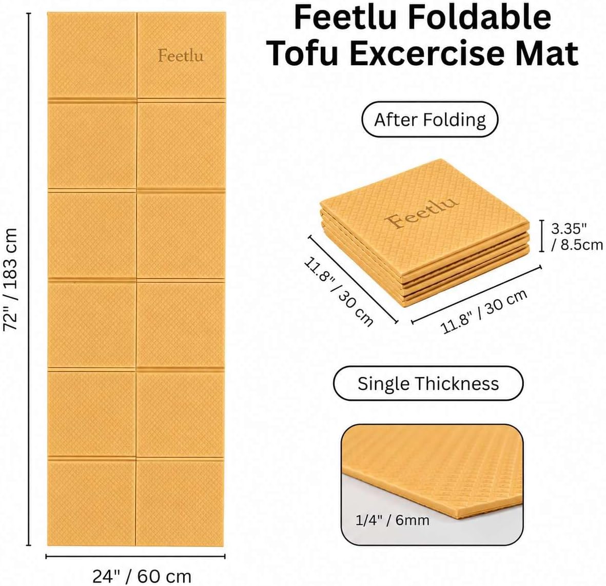 Foldable Yoga Mat, 72" x 24" x 6mm, Lightweight & Non-Slip