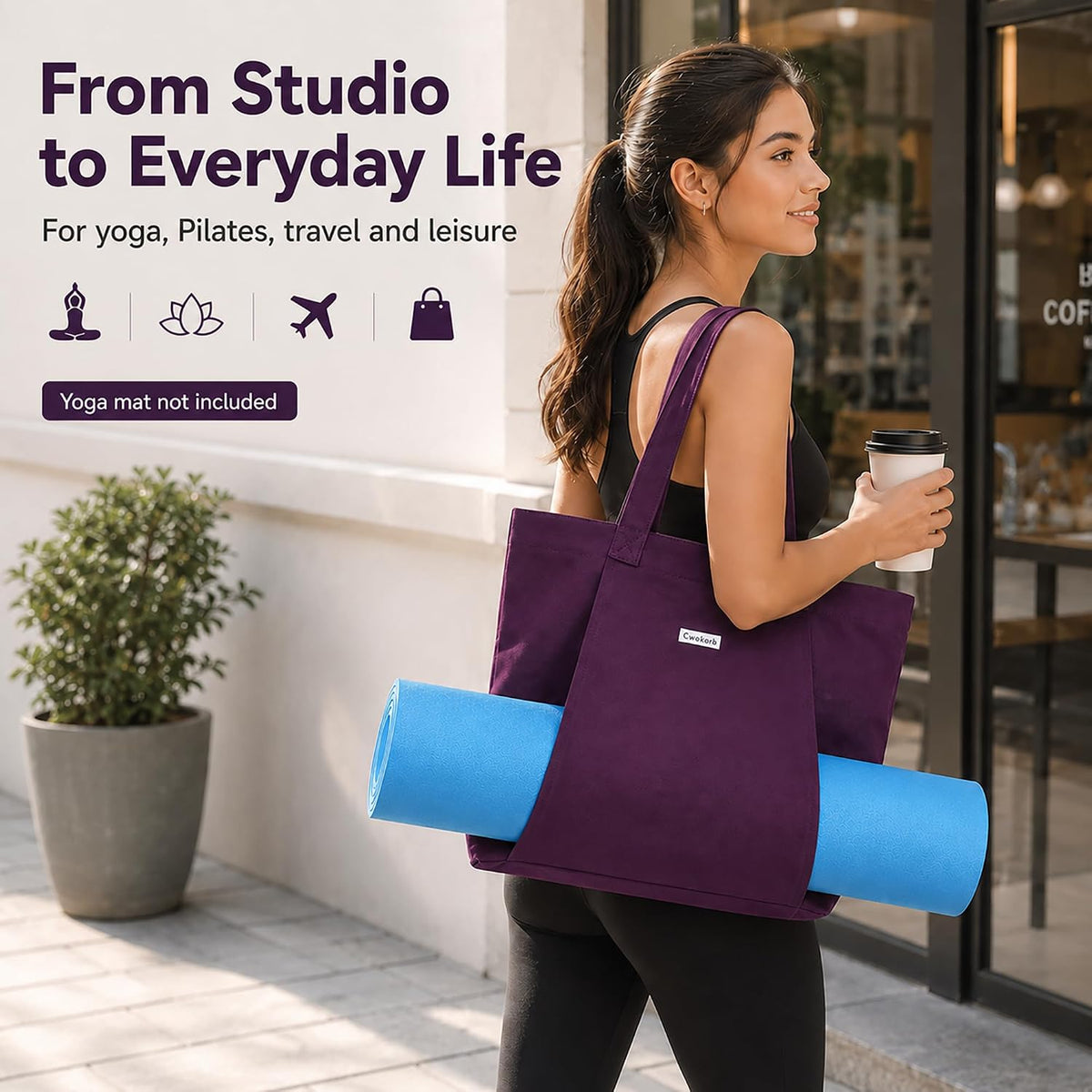 Yoga Mat Bag for Women, Pure Cotton Canvas Yoga Tote with Wet/Dry Pocket, Bottle Holder & Inner Zipper Pocket, Yoga Mat Carrier Bag for Pilates, Gym, Travel, Beach