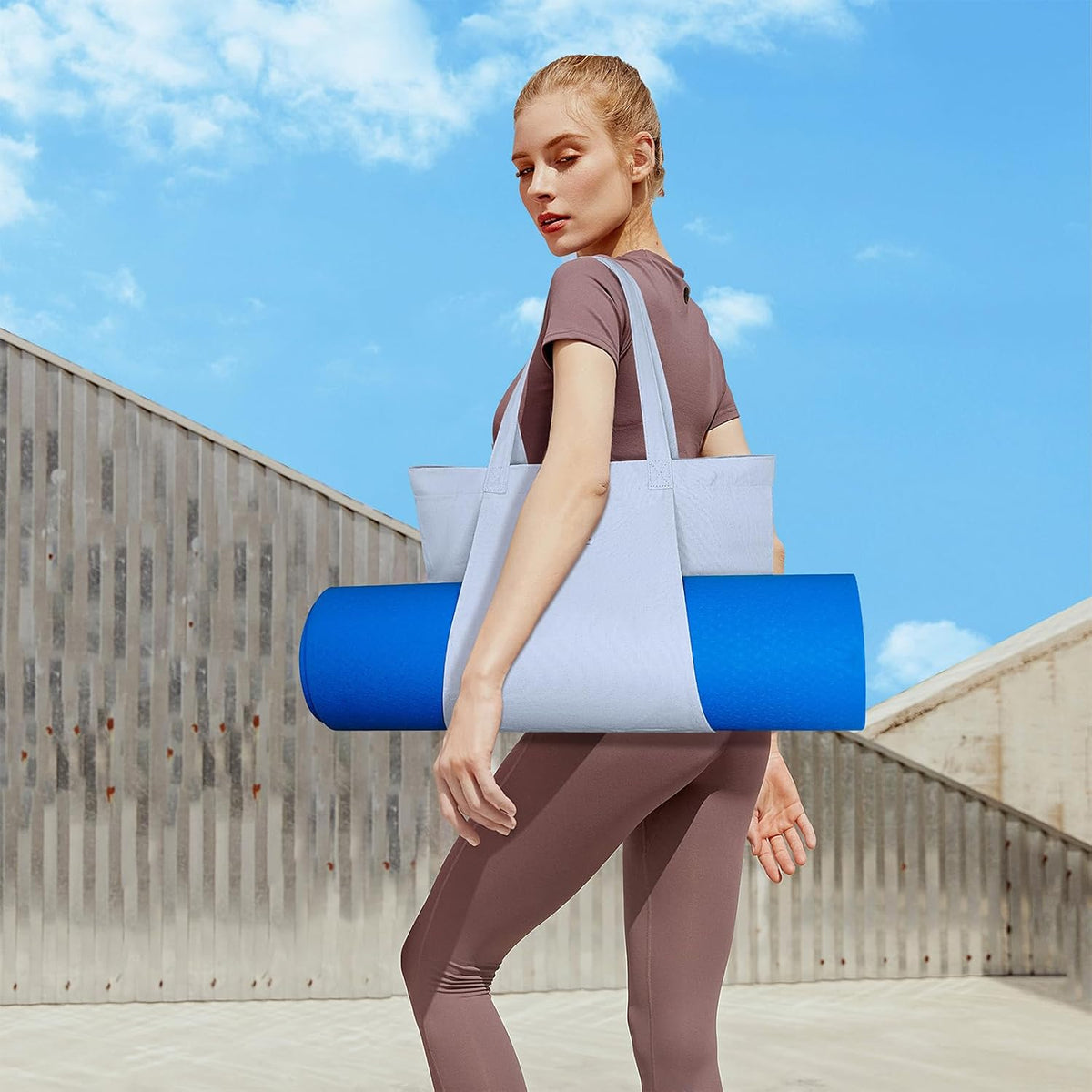 Yoga Mat Bag for Women, Pure Cotton Canvas Yoga Tote with Wet/Dry Pocket, Bottle Holder & Inner Zipper Pocket, Yoga Mat Carrier Bag for Pilates, Gym, Travel, Beach