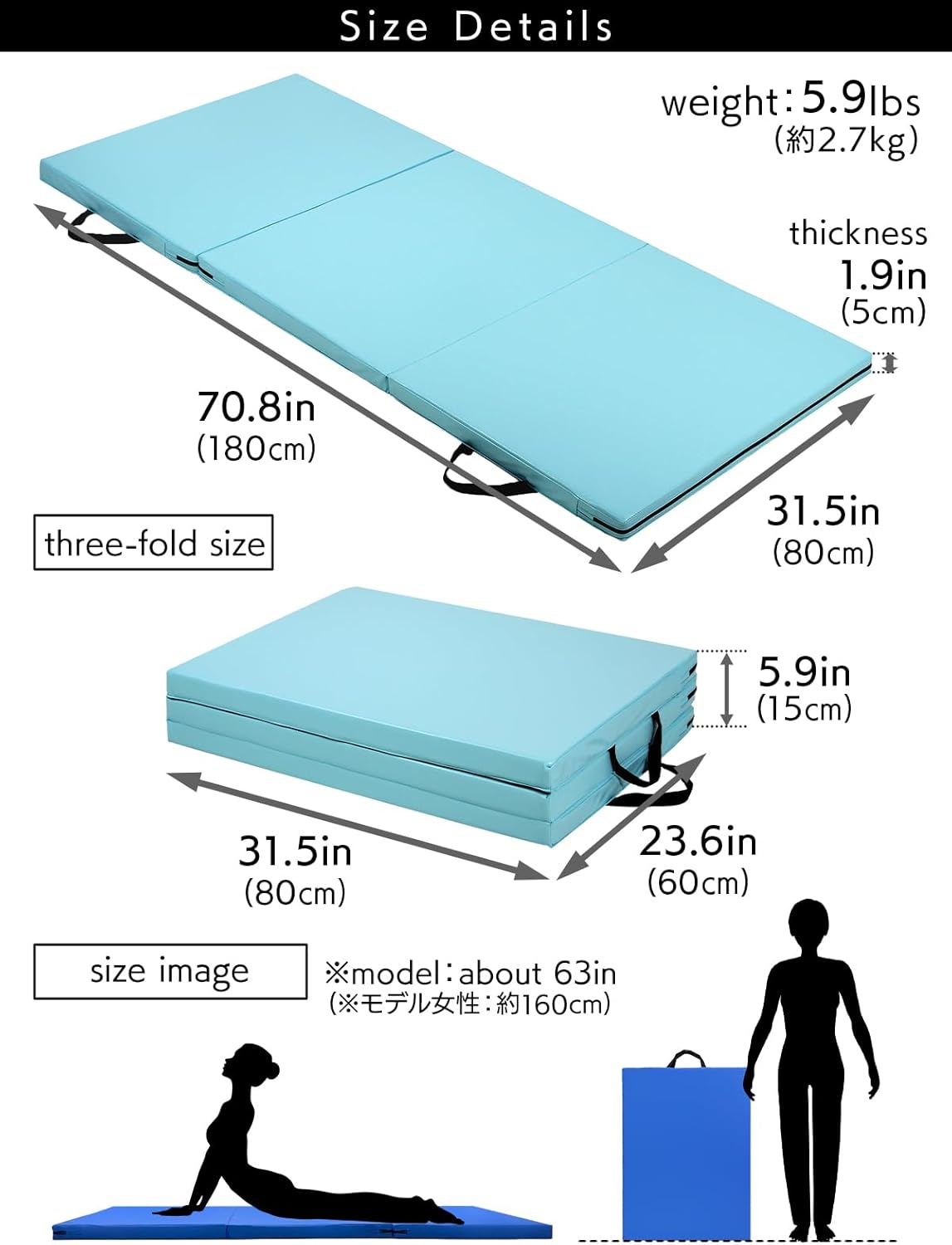 Gymnastics Mat Folding Stretch Mats 71"x31"x2" Exercise Muscle Training Children Play Horizontal Bar Mat Yoga Sports Soundproof Home Use