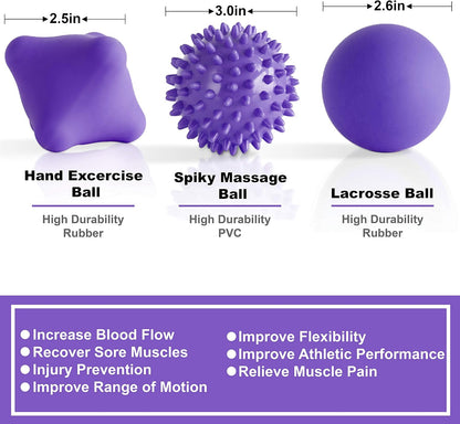 Massage Ball Kit for Myofascial Trigger Point Release & Deep Tissue Massage - Set of 6 - Large Foam/Small Foam/Lacrosse/Peanut/Spiky/Hand Exercise Ball (Purple)